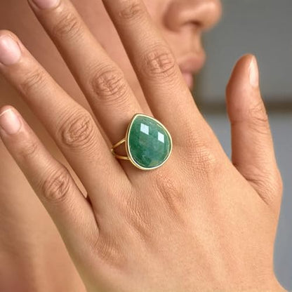 Crystal Ring for Women, Natural Rose Quartz Green Fluorite Ring for Her, Teardrop Shape Gemstone Ring, Handmade rose quartz Jewelry Adjustable Ring. - color: Green Strawberry Quartz