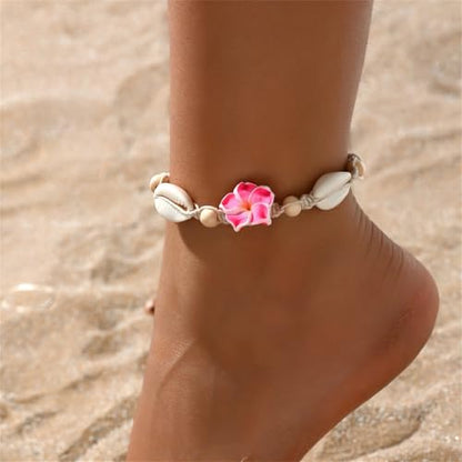 Shell Ankle Bracelet Set for Women,Boho Adjustable Beads Anklet Pack Natural White Shells Stack Stretch Seashell Pearl Starfish Bracelet Set Hawaiian Beach Vacation Foot Jewelry - style: K-Shell Flower