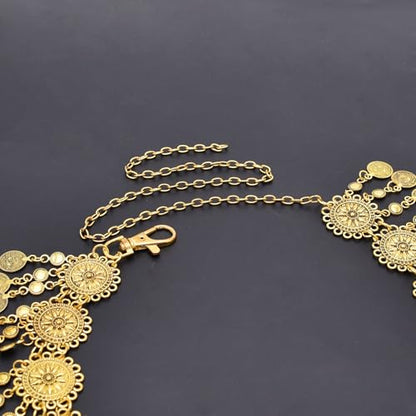 CHIC DIARY Metal Chain Belt for Women Coin Belly Link Tassel Belt for Dress | Boho Style Coin Pendant Tassel Belt Gold/Silver Adjustable Concho Belly Dance Belts for Dresses Skirts Jeans - color: Gold-dance