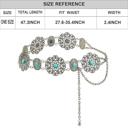 ILuvatar Western Metal Concho Belt for Women Cowgirl Waist Chain for Women Dress Pants Adjustable - color: Silver-e14