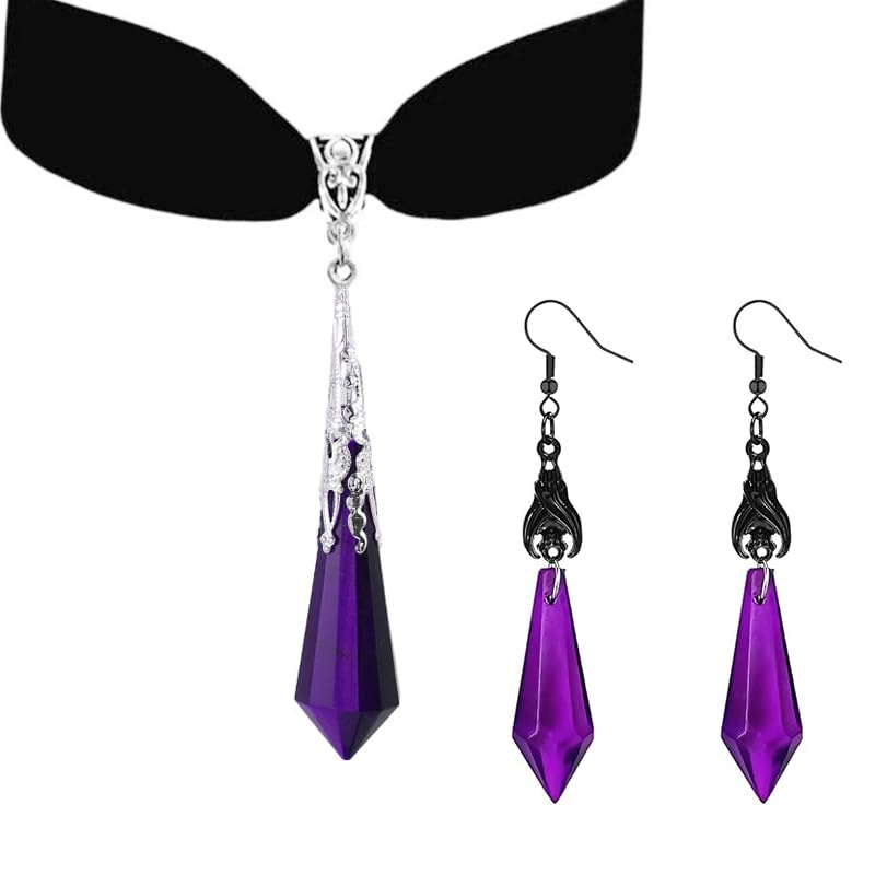 ONLYJUMP Gothic Vampire Bat Earrings Necklace Set for Women Vintage Goth Dark Bat Earrings Blood Pendant Necklaces Mystic Witch Halloween Costume Jewelry Gifts - style: Purple