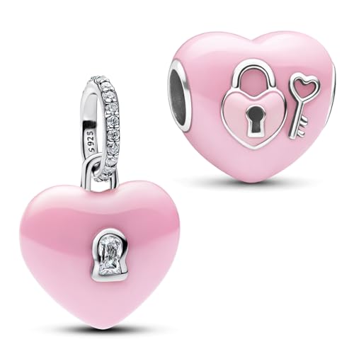 S925 Sterling Silver Enamel Colorful Heart Charm Fit Bracelets Necklaces | Black Pink Blue Green Red Enamel Heart Charms DIY Fashion Holiday Jewelry Gift Valentines Day & Anniversary for Women - color: Pink Heart Charm 2-piece Set