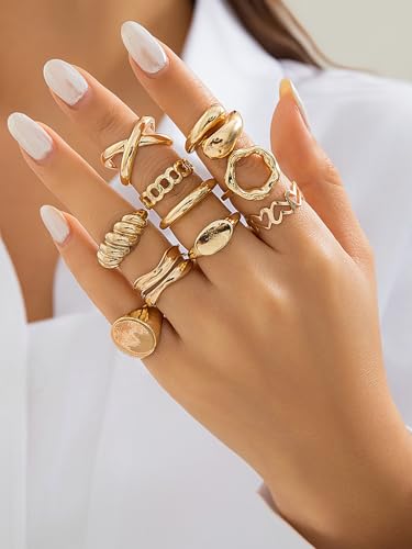10pcs Trendy Gold Rings for Women Non Tarnish Stackable Rings for Women Dainty Chunky Gold Ring Stack Set Gold Plated Knuckle Ring Chunky Jewelry Fashion Dainty