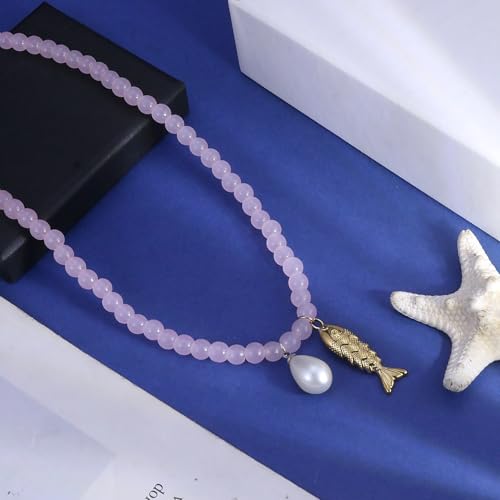 Fish Shell Necklace for Women, Beaded Necklaces Boho Statement Necklace, Pearl Necklaces Summer Beach Vacation Dress & Costume Jewelry - color: Pink- fish