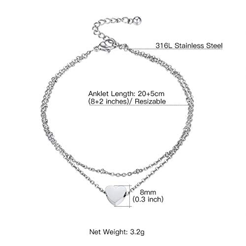Stainless Steel Heart Ankle Bracelet for Women, Dainty Adjustable Double Layered Chain Anklets