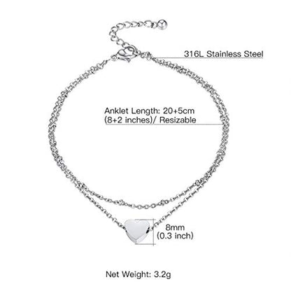Stainless Steel Heart Ankle Bracelet for Women, Dainty Adjustable Double Layered Chain Anklets