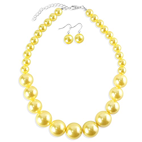 Large Style Big Imitate Pearl Strand Choker Necklace With Earrings Set - color: yellow
