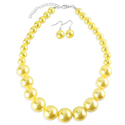 Large Style Big Imitate Pearl Strand Choker Necklace With Earrings Set - color: yellow