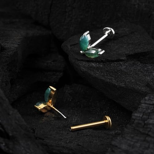 1PC ASTM F136 Titanium Piercing Jewelry for Tragus Conch Helix Flat Labret 18G 6mm 8mm, Cartilage Earring Flatback Stud - color: Moss Agate Grass - Tit