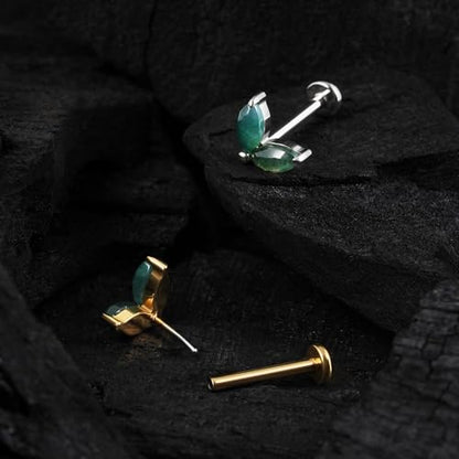 1PC ASTM F136 Titanium Piercing Jewelry for Tragus Conch Helix Flat Labret 18G 6mm 8mm, Cartilage Earring Flatback Stud - color: Moss Agate Grass - Gold