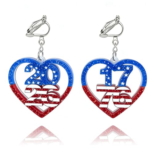 4th of July Independence Day Clip on Earring for Women American Flag Dangle Earrings Patriotic Red White Blue USA Earring, Pave Crystal Stud - color: red heart