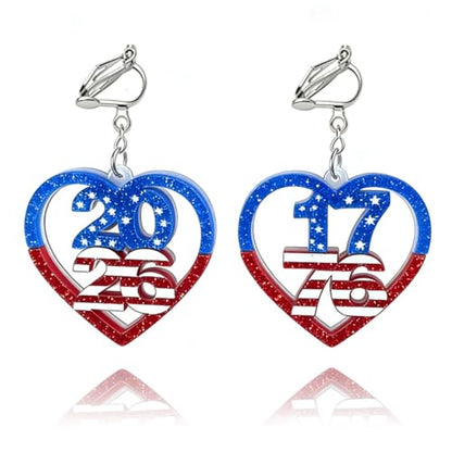 4th of July Independence Day Clip on Earring for Women American Flag Dangle Earrings Patriotic Red White Blue USA Earring, Pave Crystal Stud - color: red heart