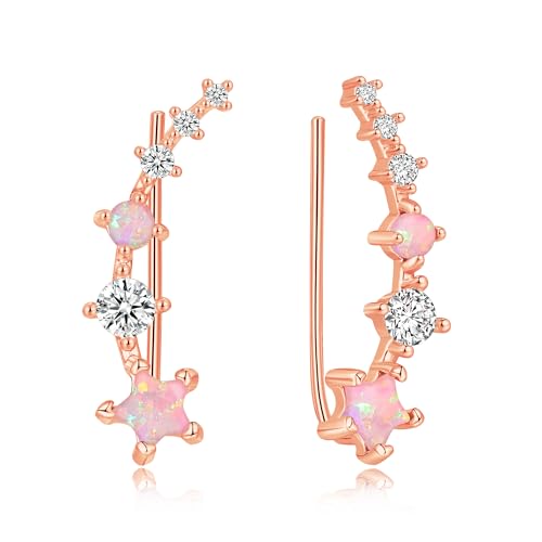 CiNily Star Opal Ear Cuffs Climber Earrings, 14K Gold CZ Ear Crawler Earrings for Women Small Cartilage Stud Earrings Fashion Hypoallergenic Jewelry Christmas Day Gifts, White Gold, Rose Gold - color: Rose Gold-Pink Opal, size: Star Opal