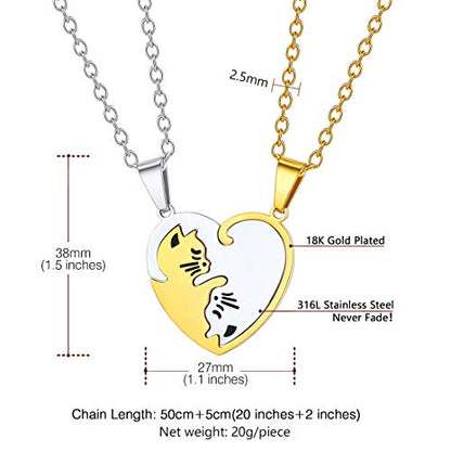 U7 Cat Pendant Necklace for Women Stainless Steel Cute Kitty Cat Jewelry Gift - style: 03-Heart Cat Set-Steel+Gold(Customized)