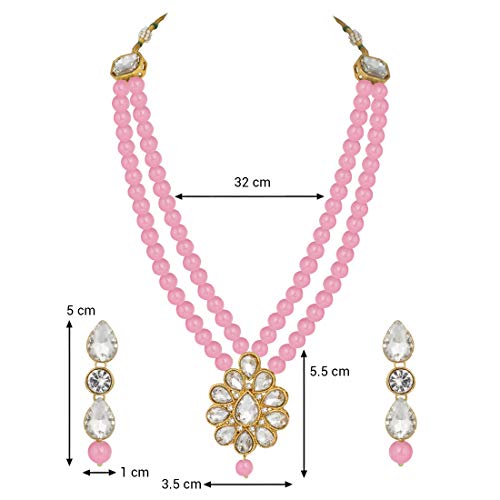 Aheli Wedding Faux Kundan Pendant Beaded Necklace Earrings Set Bollywood Indian Bharatanatyam jewellery set Gift for Women - color: Pink