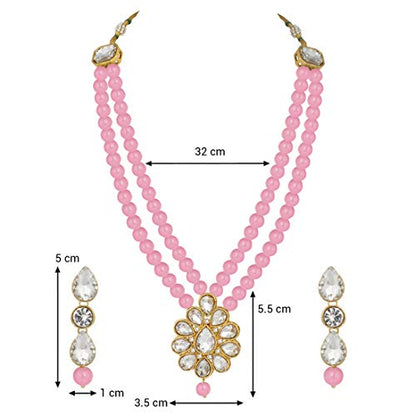 Aheli Wedding Faux Kundan Pendant Beaded Necklace Earrings Set Bollywood Indian Bharatanatyam jewellery set Gift for Women - color: Pink