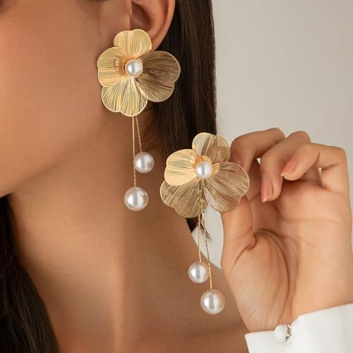 Gold Flower Dangle Earrings for Women Elegant Floral Drop Statement Jewelry Long Tassel Earrings - color: B-gold pearl Flower Earrings