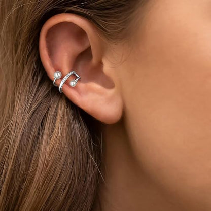 S925 Sterling Silver Pearl Ear Cuff Earrings for Women Mom Dainty 14K Gold Plated Pearl Wrap Earring Ear Cuff Non Piercing Clip-On Cartilage Earring Mothers Day Birthday Wedding Jewelry Gifts - color: Silver