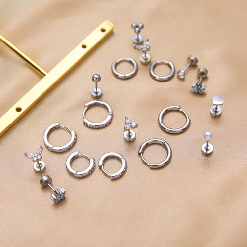 Stainless Steel Stud Earrings Set for Women Hypoallergenic Flat Back Cartilage Earrings Screw Back Huggie Hoop Earrings Multiple Piercing Cubic Zirconia Helix Tragus Jewelry - color: Set-B-Silver