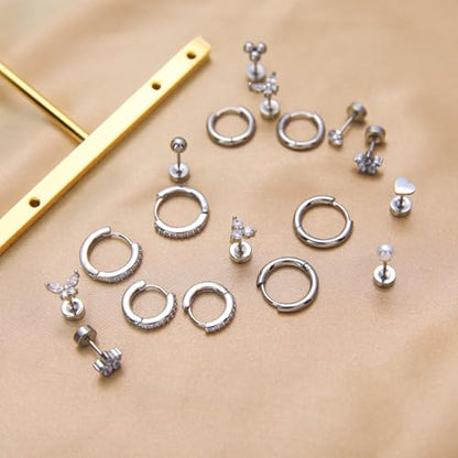 Stainless Steel Stud Earrings Set for Women Hypoallergenic Flat Back Cartilage Earrings Screw Back Huggie Hoop Earrings Multiple Piercing Cubic Zirconia Helix Tragus Jewelry - color: Set-B-Silver