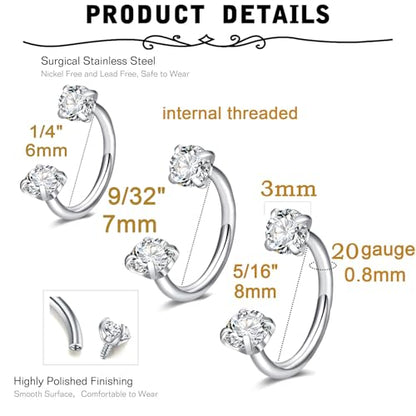 6mm 7mm 8mm 20g Horseshoe Nose Ring Hoop 18 gauge Double Gem Horse Shoe Nose Rings for Women Surgical Steel Half Hoop U Shape Small Silver Gold Tragus Earring Helix Piercing Jewelry Septum Ring - color: A1 - 20g 6mm 7mm 8mm -3pcs silver