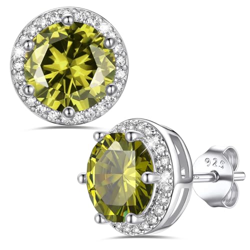 Bestyle Authentic 925 Sterling Silver 2 Carat Birthstone Earrings for Women, More Sparkle Heart/Round Solitaire Diamond Studs Earrings, Great Birthday/Christmas/Anniversary Jewelry for Wife Mother - color: 08. Aug.Peridot-Round