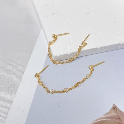 Zircons Stud Earrings For Women Double Studs Chain Tassel Piercing Earring 18K Gold Plated Cartilage Cubic Zirconia Two Hole Wedding Climber Crawler Wrap Earrings Threader Dangle Eternity Gift Mom Bff - color: Gold