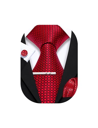 YOHOWA Men Plaid/Striped Ties Clip Set Silk Necktie Pocket Square Cufflinks | Woven Classic,Formal/Casual Mens Tie,Pocket Square Cufflinks Set,Luxury,Business,Wedding,Party,Prom,Graduation - color: A Red Fashion Plaid
