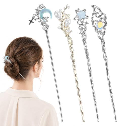 4PCS Japanese Hair pin - Metal Star Moon Hair Sticks for Buns Long Hairs, Charming Chinese Hanfu Vintage Hairpins, Silver & Gold Hairs Accessories for Women Girls