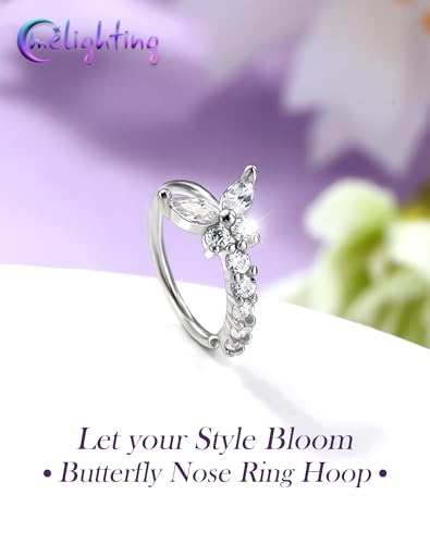 Melighting 20G Butterfly Nose Ring Hoop 8 mm Open Seamless Nose Piercing Jewelry Surgical Steel 316L, Twist Nostril Ring with Marquise and Round CZ, Silver Flower Body Piercing for Women - style: Butterfly