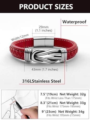 Mens Black Braided Leather Bracelet, Green/Red/Brown/Black Braided Leather Infinity Knot Bracelets for Men with Stainless Steel Clasp, 7.5/8.5/9in Length - color: 05-Red