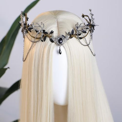 MOSTORY Woodland Elf Crown for Women - Medieval Elf Headpiece with Tassel for Renaissance Renfaire Fae Cosplay Viking Outfit - color: Black-silver