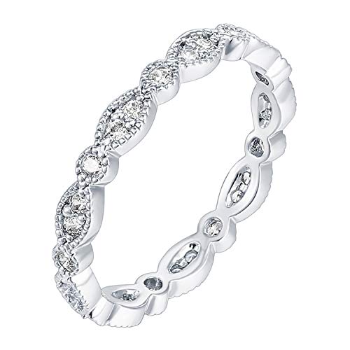 PAVOI 14K Gold Plated Cubic Zirconia Band | Round Milgrain Eternity Bands | Gold Rings for Women - color: White Gold