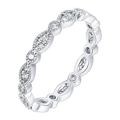 PAVOI 14K Gold Plated Cubic Zirconia Band | Round Milgrain Eternity Bands | Gold Rings for Women - color: White Gold