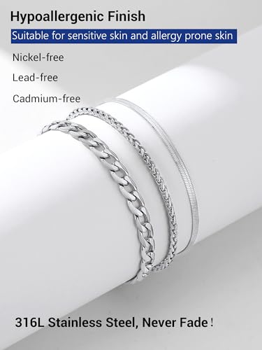 PROSTEEL Trendy Handcuffs Design/Customize Words Ankle Bracelet For Women, 316L Stainless Steel Anklets Silver/Gold/Black Tone, Hypoallergenic, Come with Box - style: 04.3 Layered-Cuban-Silver