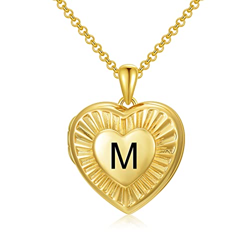 SOULMEET 10K 14K 18K Solid Yellow Gold/Plated Gold Locket Radiation Initial Heart Locket Necklace that Holds Pictures Personalized Photo Locket Necklace Alphabet A-Z - style: M-locket only