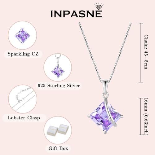 Square Princess Cut Necklace 925 Sterling Silver Solitaire Pendant Necklace Birthstone Jewelry Gifts for Women - color: 06 June - Alexandrite