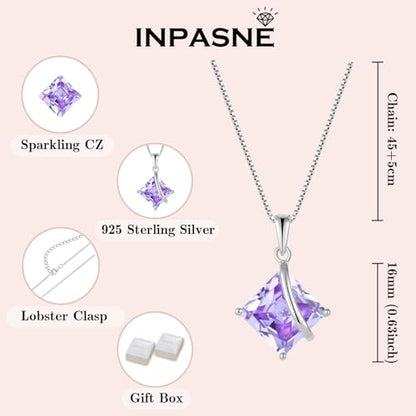Square Princess Cut Necklace 925 Sterling Silver Solitaire Pendant Necklace Birthstone Jewelry Gifts for Women - color: 06 June - Alexandrite