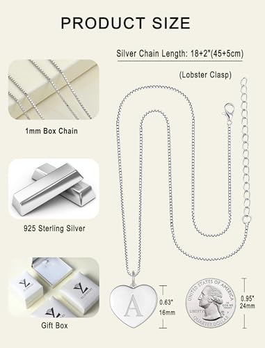 YL Initial Necklace 925 Sterling Silver Square/Round/Heart Letter Pendant A-Z Alphabet Polished Jewelry for Women - color: Letter-A, style: Heart Shaped
