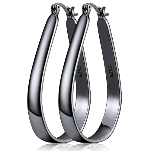 Sterling Silver Hoop Earrings for Women Large Oval Hoop Earrings Lightweight Big Gold Hoops Earrings Hypoallergenic 14K Gold Plated Hoops Earrings Non Tarnish Jewelry Gifts 20/30/40mm - color: Black-30*50mm