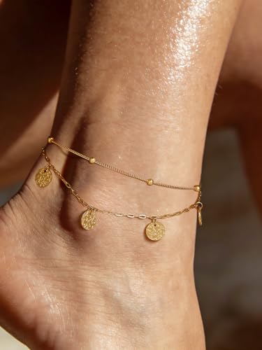 FindChic Ankle Bracelets for Women, Silver/Black/Gold Plated Layered Stainless Steel Anklets, Non-Tarnish Adjustable Waterproof Trendy Foot Jewelry for Beach Summer - style: Layered Coin Charm-Gold