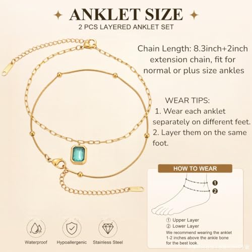 Waterproof Gold Plated Layered Anklets for Women Daisy/Herringbone/Heart Charm/Bead Chain Non Tarnish Stainless Steel Summer Foot Jewelry Gift for Her, with Gift Box - color: 2. square stone+ beaded chain