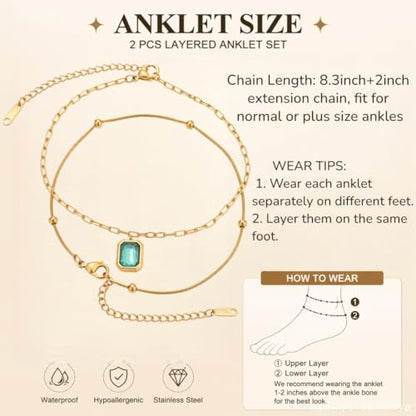 Waterproof Gold Plated Layered Anklets for Women Daisy/Herringbone/Heart Charm/Bead Chain Non Tarnish Stainless Steel Summer Foot Jewelry Gift for Her, with Gift Box - color: 2. square stone+ beaded chain