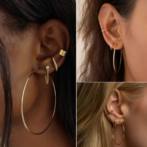 Senteria Large Gold Plated Hoop Earrings for Women Lightweight 316L Stainless Steel Hoop Earrings Set Hypoallergenic Thin Gold Plated Hoop Earrings for Women (30/40/50/60/70MM) 5 Pairs - color: 6pairs(30/40/50mm)-gold+silver