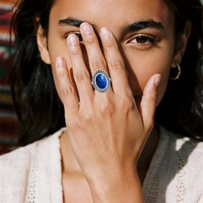 Retro Sterling Silver Stone Ring,Antique Natural Real Oval Crystal Quartz Gemstone Boho Bohemian Ring Jewelry for Women - color: A08_Lapis Lazuli