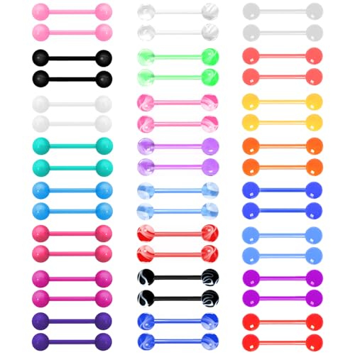 48Pcs 14G Flexible Acrylic Tongue Ring Straight Tongue Barbell | Glow in Dark Plastic Candy Color Tongue Piercing Jewelry for Women Men 16mm Bar