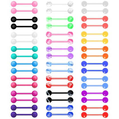 48Pcs 14G Flexible Acrylic Tongue Ring Straight Tongue Barbell | Glow in Dark Plastic Candy Color Tongue Piercing Jewelry for Women Men 16mm Bar