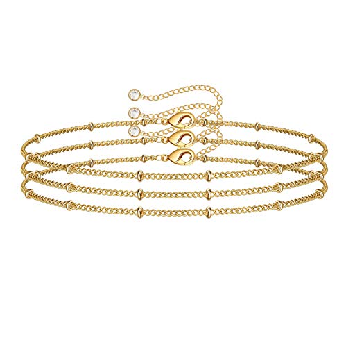 Dainty Gold Bracelets for Women, 14K Gold Plated Adjustable Layered Beads Bracelet Cute Evil Eye Oval Chain Pearl Bar Turtle Gold Bracelets for Women Jewelry - style: Beads Chain-Gold