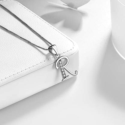 Aurora Tears Letter Necklace Initial 925 Sterling Silver Alphabet Pendant Crystal Name Gift Women Cubic Zirconia Jewelry - color: R