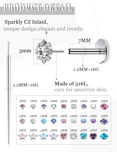 20G 18G 16G Threadless Nose Rings Studs Flat Back Earrings Surgical Stainless Steel Opal Nose Rings Stud Tragus Helix Conch Cartilage Earrings Piercing Jewelry For Women Men Hypoallergenic - style: 16G-7MM Bar